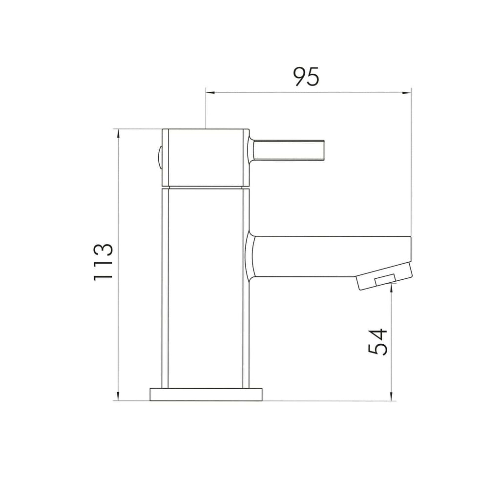 High-quality digital technical drawing of a modern bathroom faucet, featuring precise dimensions and engineering details suitable for bathroom fixtures and plumbing installations.