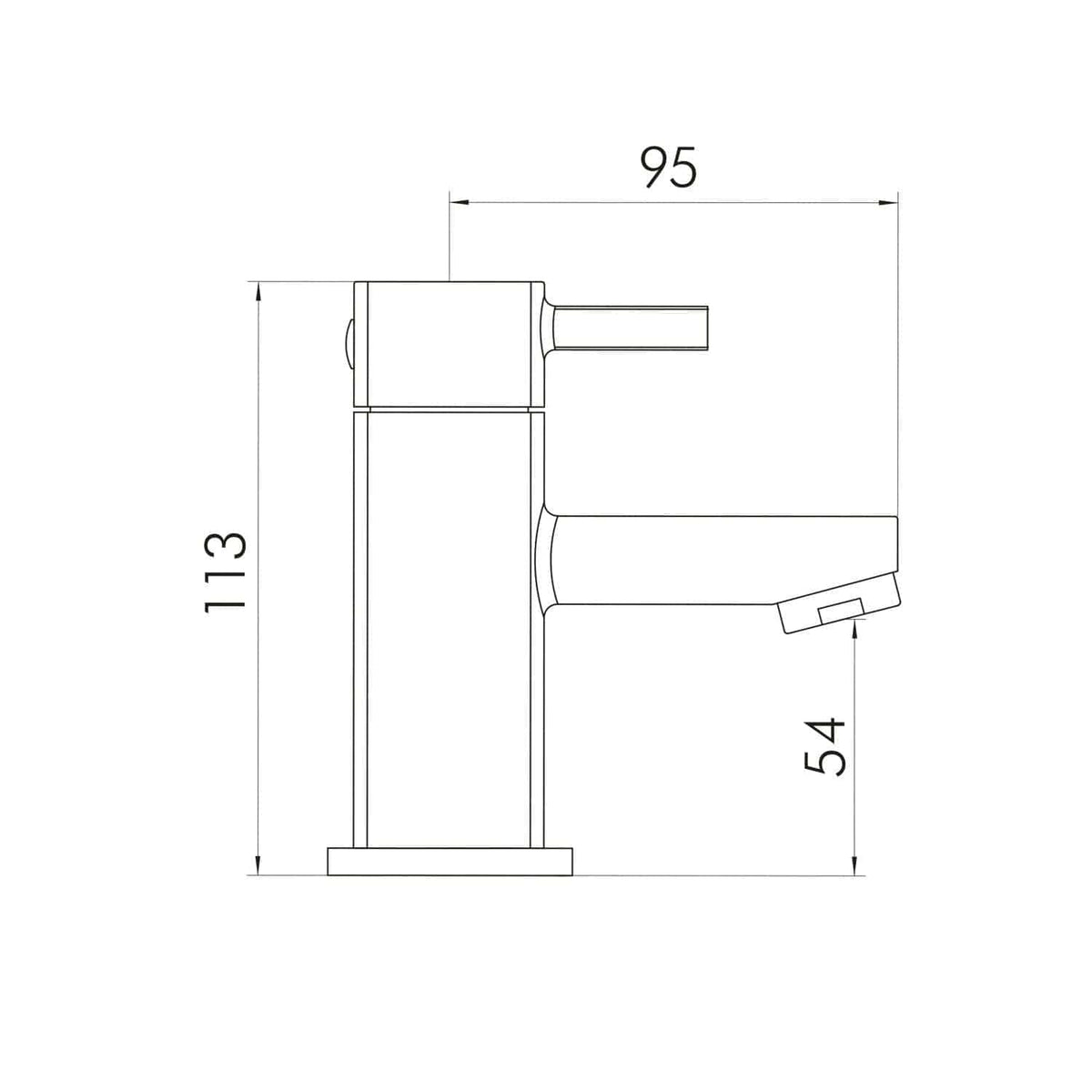 High-quality digital technical drawing of a modern bathroom faucet, featuring precise dimensions and engineering details suitable for bathroom fixtures and plumbing installations.