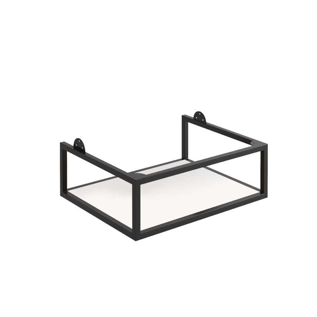 Lightweight black metal bathroom shelf with white glass shelf for modern bathroom storage. Suitable for towels, toiletries, and decorative items. Easy wall-mounted installation.