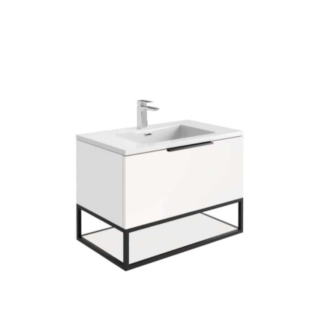 Modern white bathroom vanity unit with integrated sink and black metal frame, ideal for contemporary Bubly bathrooms. Durable, stylish storage solution for bathroom multifunctionality and design.