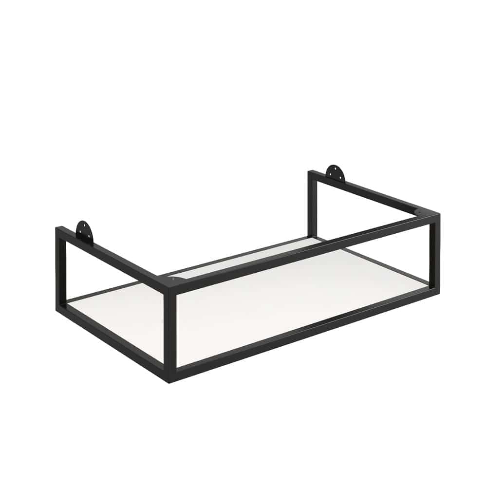 Lightweight black metal bathroom shelf with white MDF base, ideal for storage and organisation, easy to install on bathroom walls.
