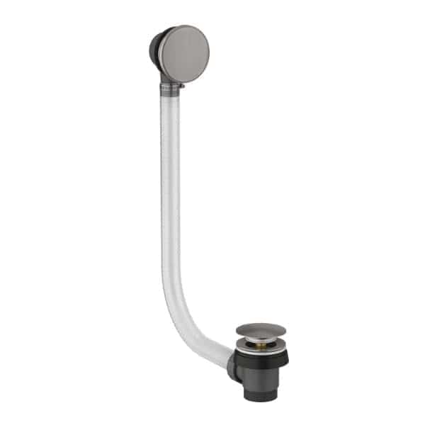 Flexible bathtub filler tap with a sleek chrome finish, designed for modern bathroom installations and easy control.