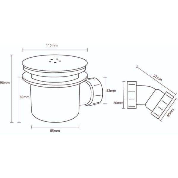 Small bathroom drain outlet with dimensions, plumbing fitting for shower and sink drainage, technical drawing for bathroom plumbing installations.