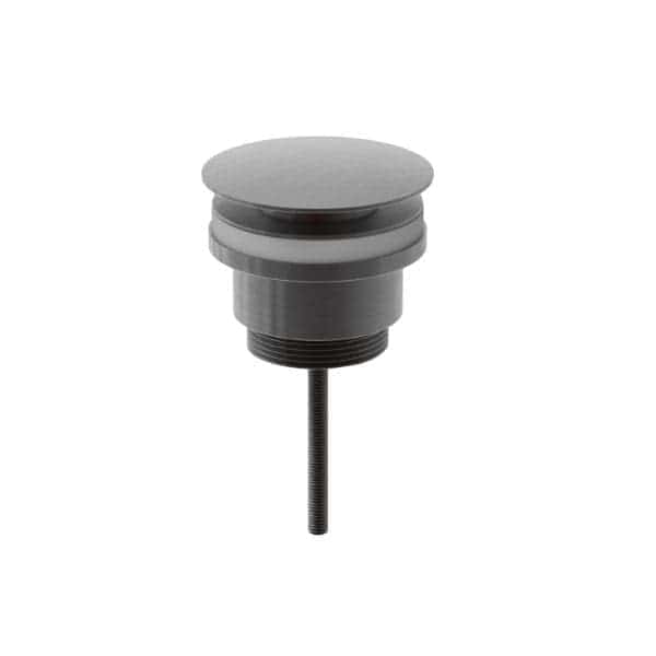 Plumbing push button drain pop-up for bathroom sinks and basins, black chrome finish, high-quality brass, modern design, easy to install and operate, compatible with various faucet brands.