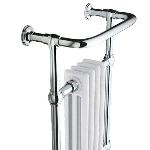 Chrome bathroom radiator towel rail with heating element for modern Bubly bathrooms.