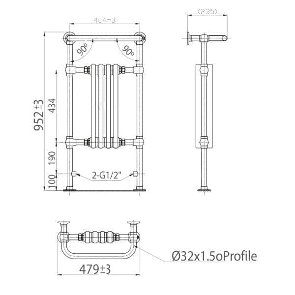Elegant Victorian-style heated towel rail design, detailed plumbing diagram for bathroom heating solutions, showcasing dimensions and pipe connections for efficient warmth and style.