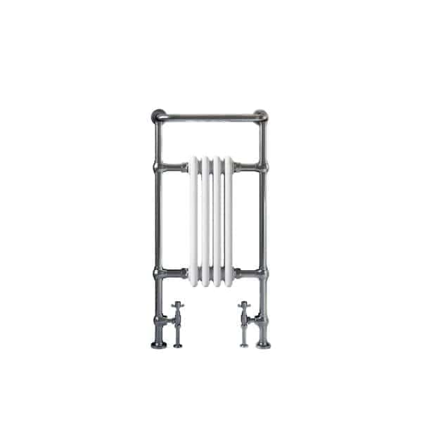A chrome towel radiator with white towel bars, ideal for modern bathroom heating and towel drying.