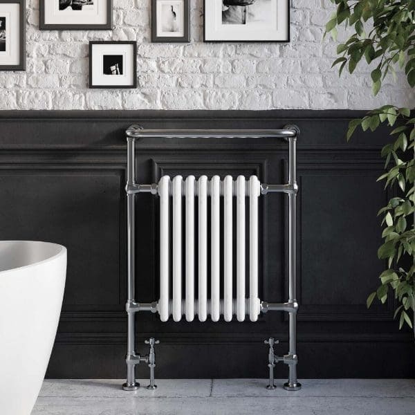 Radiator towel rail with modern pipe frame in a contemporary bathroom setting featuring black and white decor, perfect for warm towels and stylish bathroom heating solutions.
