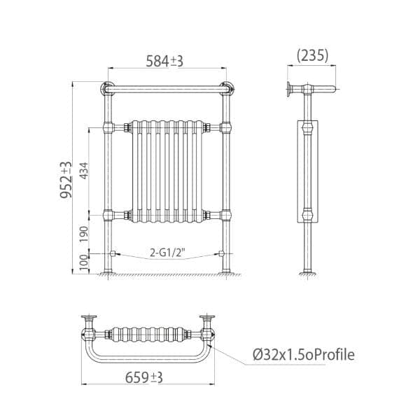 Luxurious chrome towel radiator with detailed technical specifications for modern bathroom heating solutions. Perfect for installation in contemporary bathroom designs.