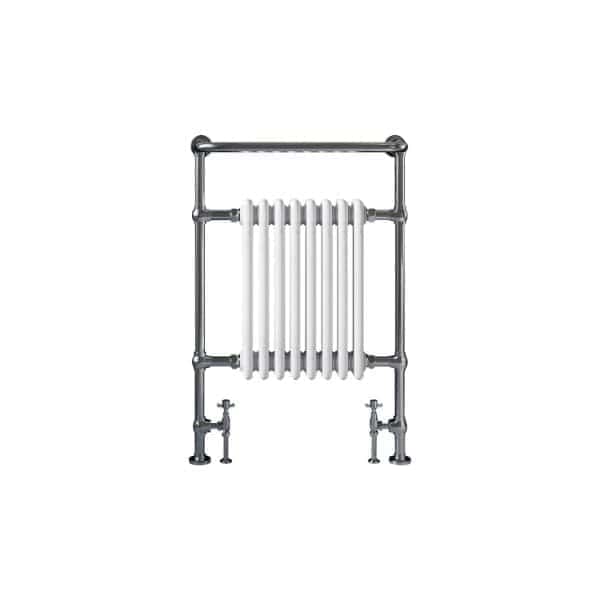 Vintage white radiator with chrome pipe surround, ideal for classic bathroom heating solutions.