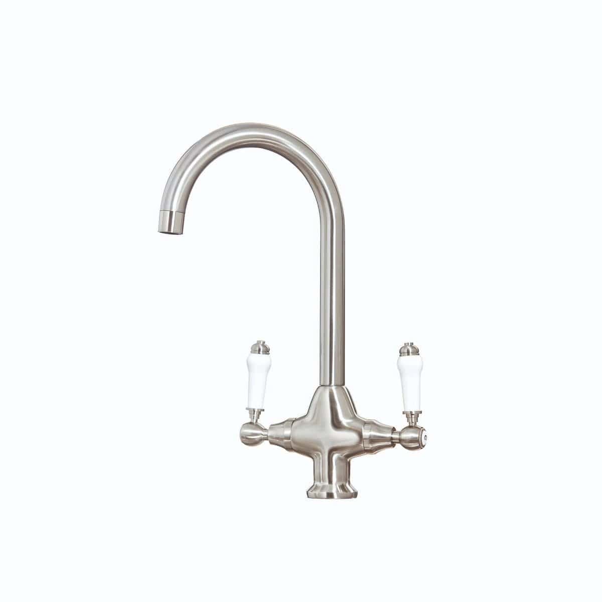 Stainless steel kitchen sink tap with dual white ceramic handles, modern design for premium bathroom and kitchen fixtures. Suitable for contemporary bathroom renovation and plumbing.