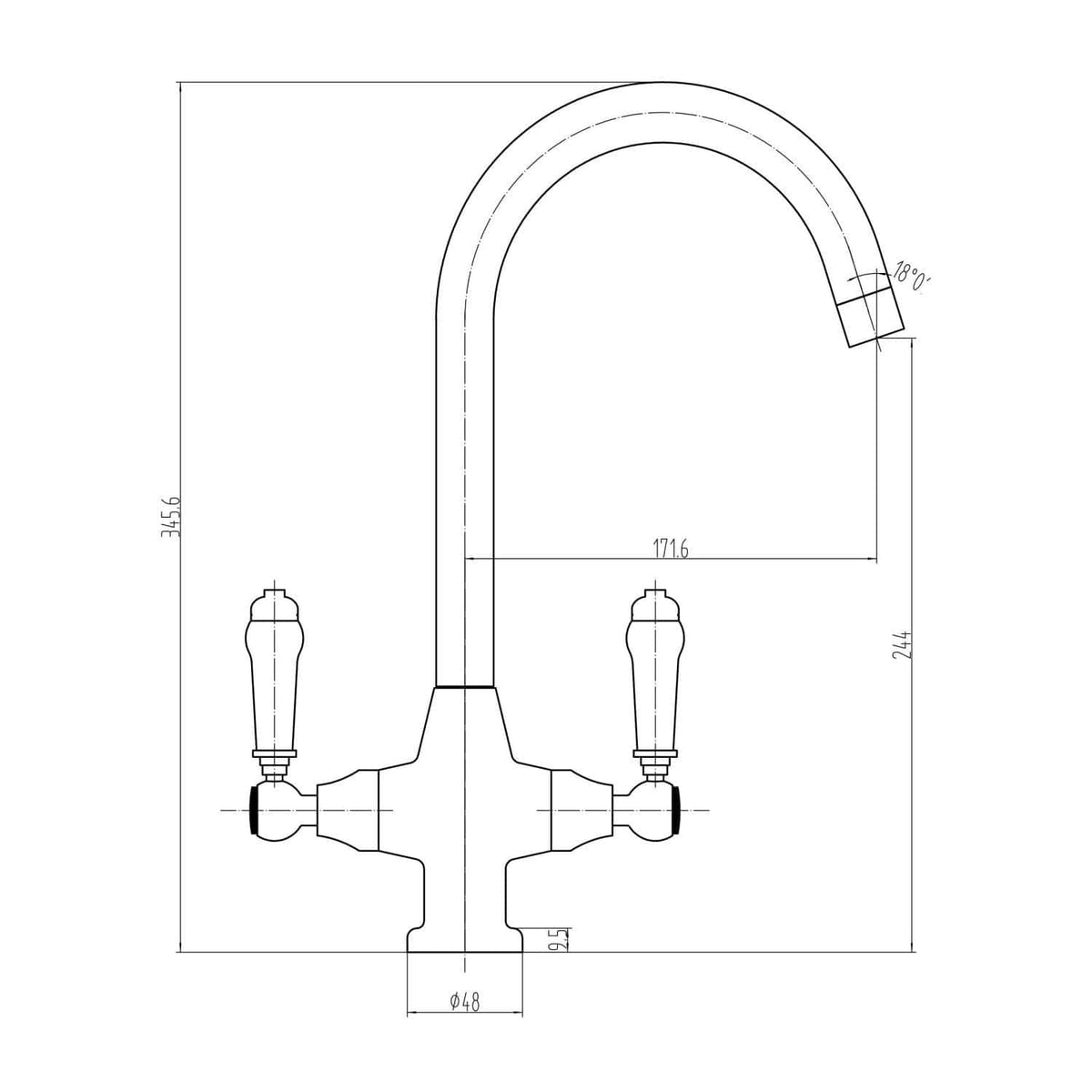 High-quality kitchen tap image showcasing traditional dual-handle design, with detailed technical specifications, perfect for bathroom and kitchen renovation projects.