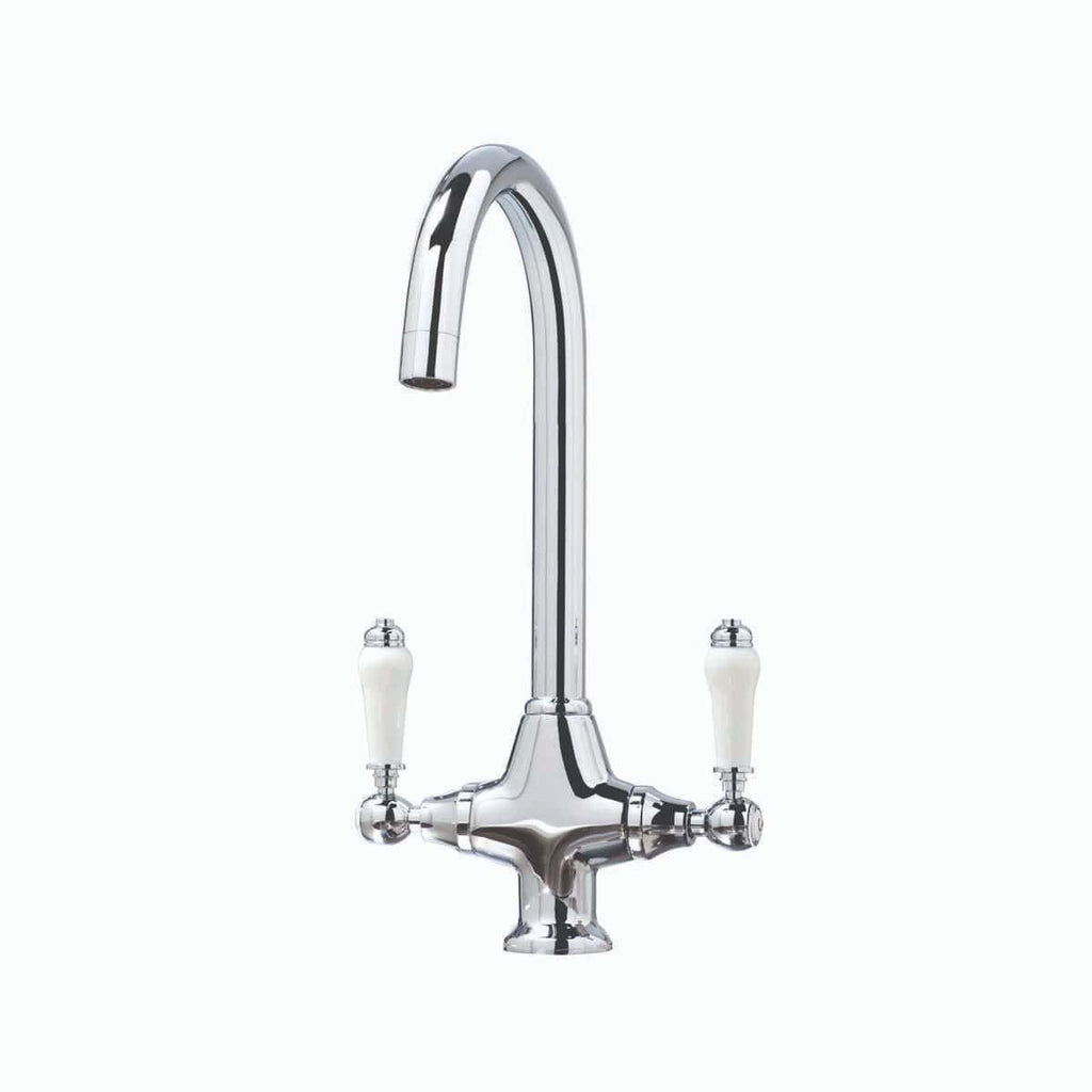 Sleek chrome kitchen tap with dual handles, modern design, perfect for contemporary bathrooms and kitchens. Durable and stylish chrome finish enhances your bathroom decor.