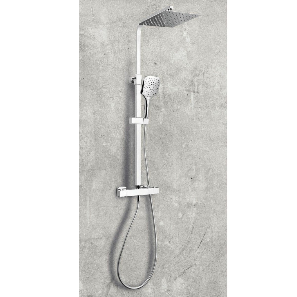Modern white shower system with overhead rain shower, handheld showerhead, and adjustable sliders for a luxurious bathroom experience. Perfect for contemporary bathroom remodels.