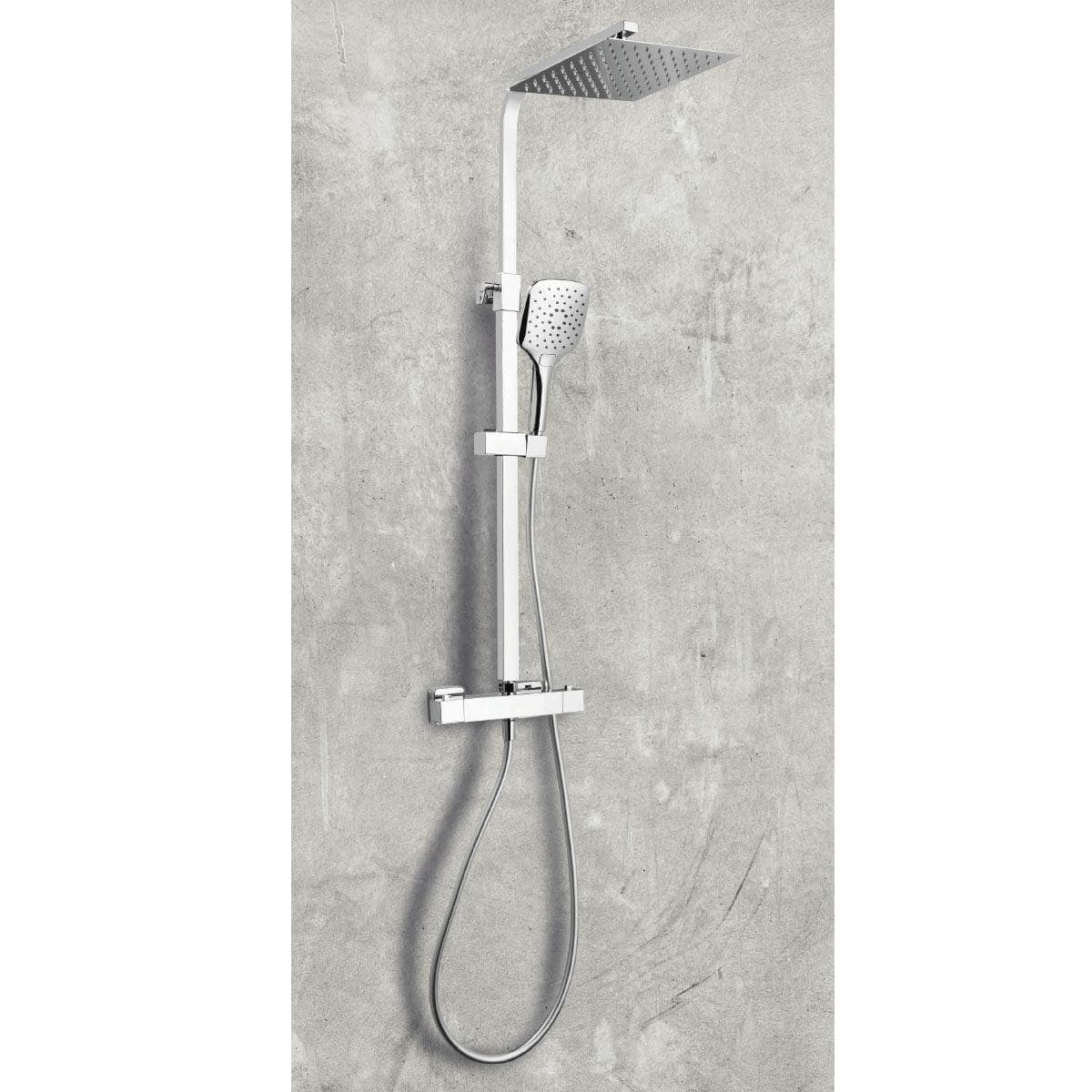 Modern white shower system with overhead rain shower, handheld showerhead, and adjustable sliders for a luxurious bathroom experience. Perfect for contemporary bathroom remodels.