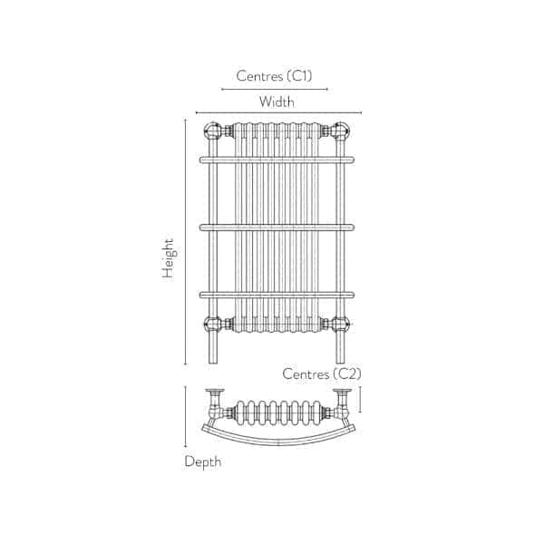 Radiator blueprint drawing with labelled measurements, showcasing technical details for bathroom heating installations.