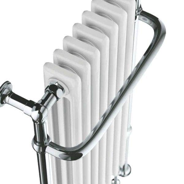 Radiator towel warmer in a modern bathroom, chrome finish, designed for luxury and efficient heating, ideal for bathroom comfort and style.