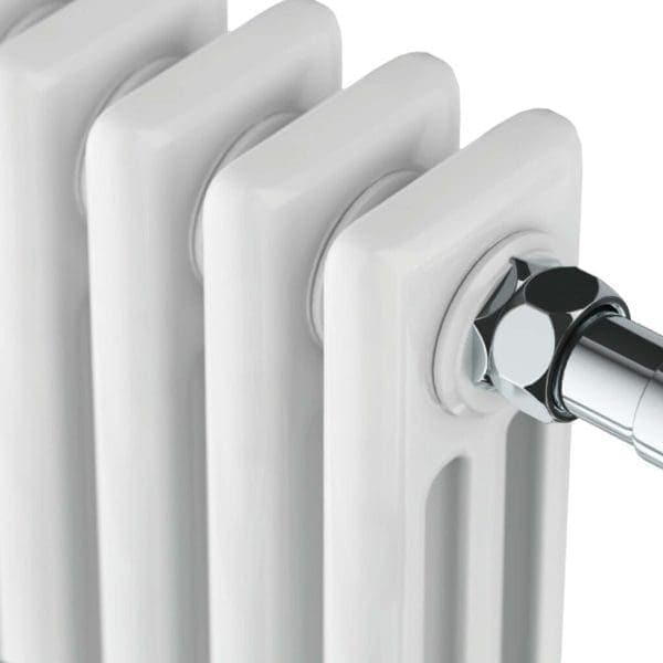 Radiator valve connected to white bathroom radiator, close-up of chrome fixture, modern heating element, household heating system, bathroom decor, premium quality hardware.