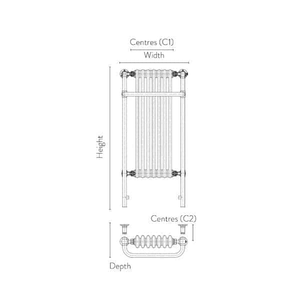 Radiator blueprint drawing for bathroom heating and towel drying with detailed dimensions and pipe connections.