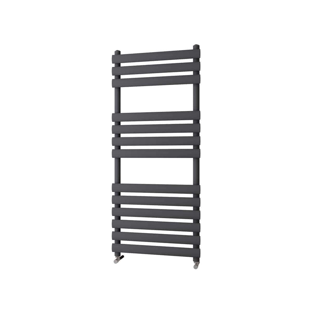 Modern black heated towel rack for luxury bathrooms, featuring multiple horizontal bars for drying towels efficiently, with easy mobility on caster wheels. Perfect for contemporary bathroom designs.