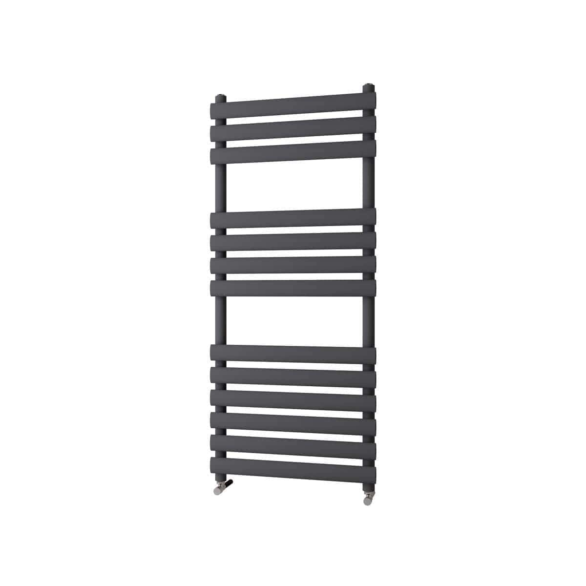 Modern black heated towel rack for luxury bathrooms, featuring multiple horizontal bars for drying towels efficiently, with easy mobility on caster wheels. Perfect for contemporary bathroom designs.