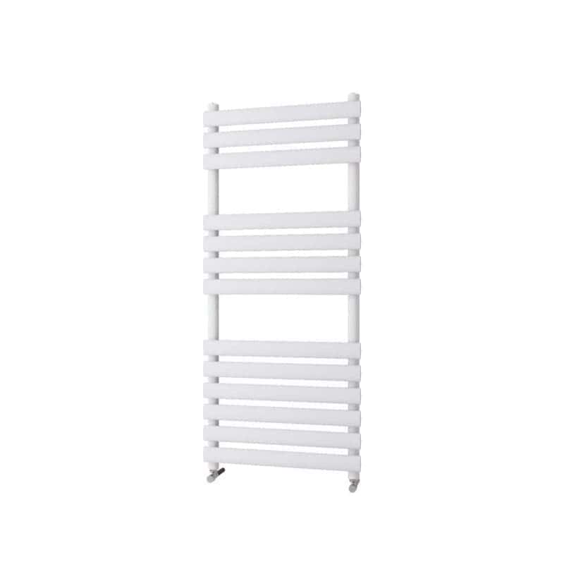 Vertical white heated towel rail radiator for bathroom heating and drying towels. Modern, sleek design perfect for contemporary bathroom décor. Easy to install and maintain.