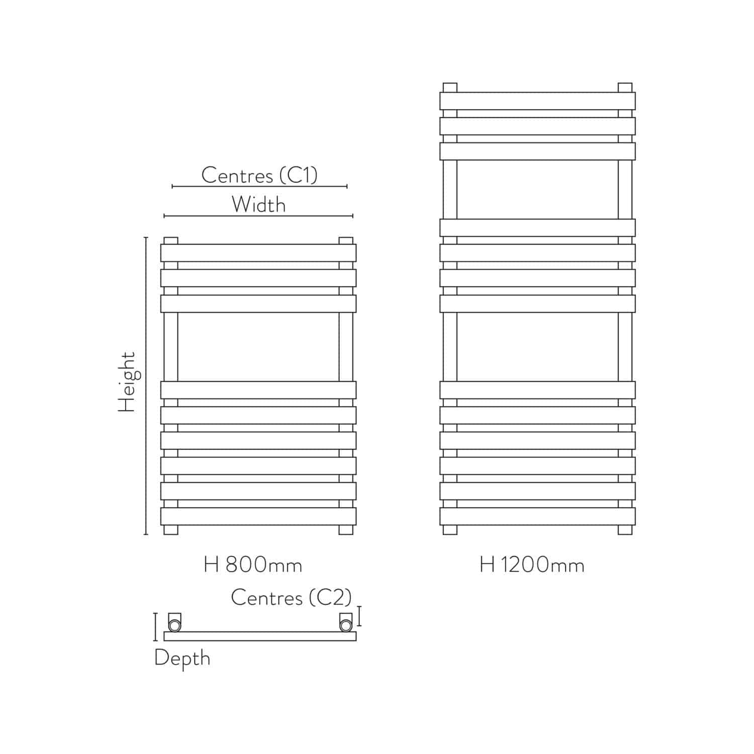 Elegant modern towel radiator design for luxurious bathroom heating and drying solutions, available in multiple heights and widths, with precise technical measurements.