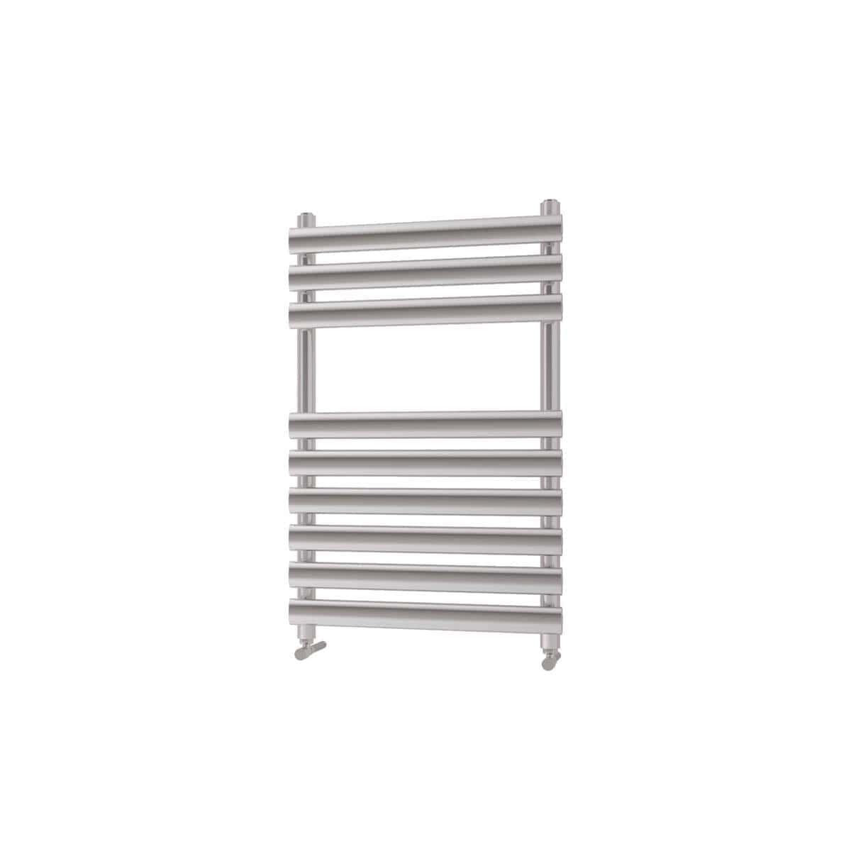 Aluminium heated towel rail for bathroom heating and drying towels, wall-mounted with multiple horizontal bars.