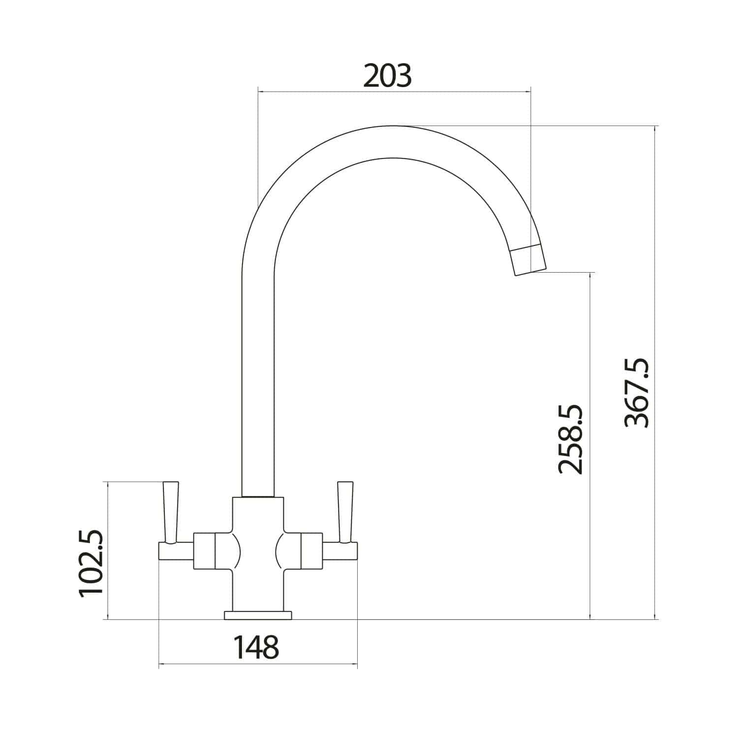 Sleek modern kitchen tap with curved spout, detailed technical drawing with measurements, perfect for contemporary bathroom or kitchen plumbing installations.