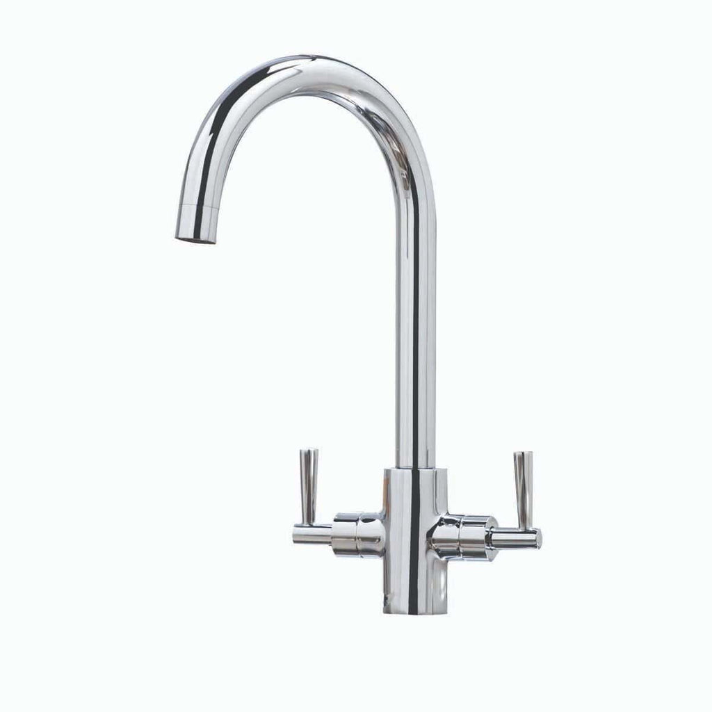 Sleek chrome kitchen tap with dual lever handles and high-arc spout, ideal for modern bathrooms and kitchens. Durable, stylish, and easy to install, perfect for upgrading your bathroom sink or kitchen.