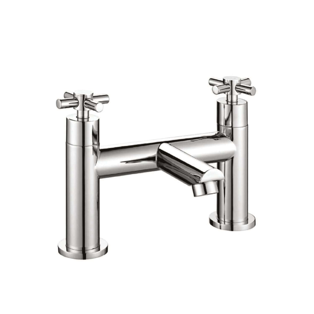 Brass bathroom tap with dual cross handles and modern chrome finish, designed for stylish and functional kitchen or bathroom sinks. Durable fixture perfect for contemporary interiors.