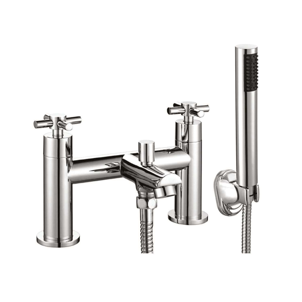 Shiny chrome bathroom mixer tap with matching handheld shower and wall mount, ideal for modern bathroom installations, offering stylish design and reliable water control.