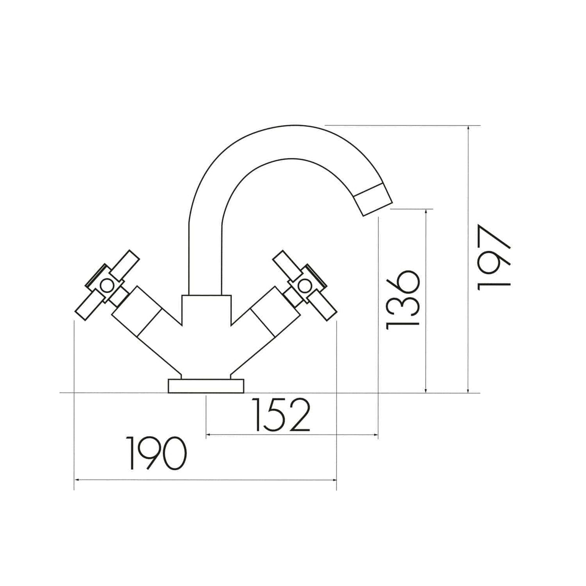 Elegant chrome bathroom tap with dual handles and curved spout, designed for modern bathrooms, featuring precise measurements for installation and style.