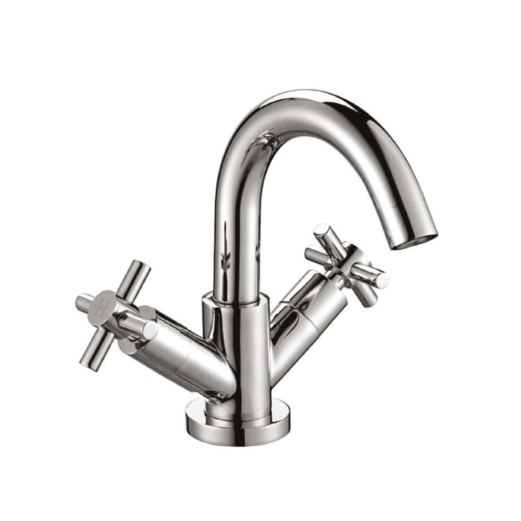 Sleek silver kitchen tap with dual handles, modern design, and shiny chrome finish, ideal for contemporary bathroom or kitchen renovations. Perfect for enhancing kitchen aesthetics and functionality.