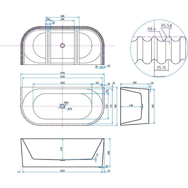 A blueprint of a modern bathtub with detailed measurements for bathroom installation.