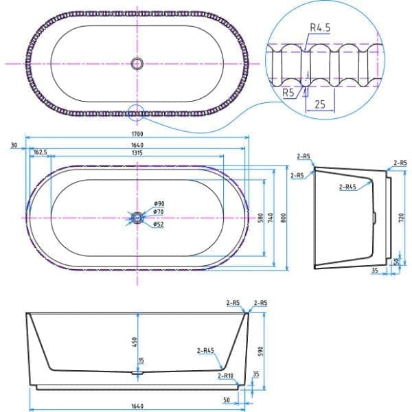 Back-embossed technical drawing of a modern freestanding bathtub, detailing precise measurements, radius curves, and profile views for customised bathroom installation.