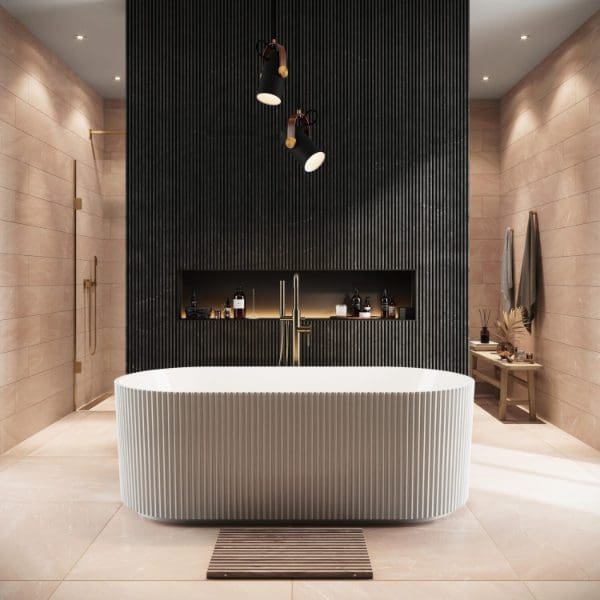 Modern freestanding bathtub with textured exterior in a contemporary bathroom featuring black accent wall and minimalist decor, perfect for luxury bathroom design.
