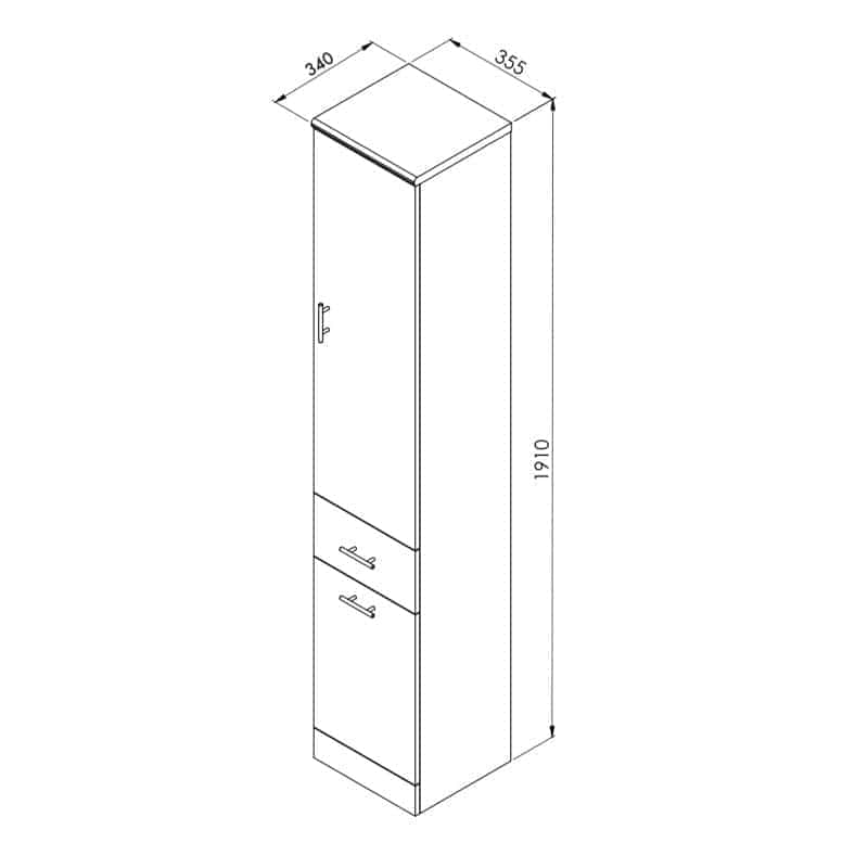 Sliding bathroom linen cabinet with storage drawers and a tall wooden door for bathroom organisation.