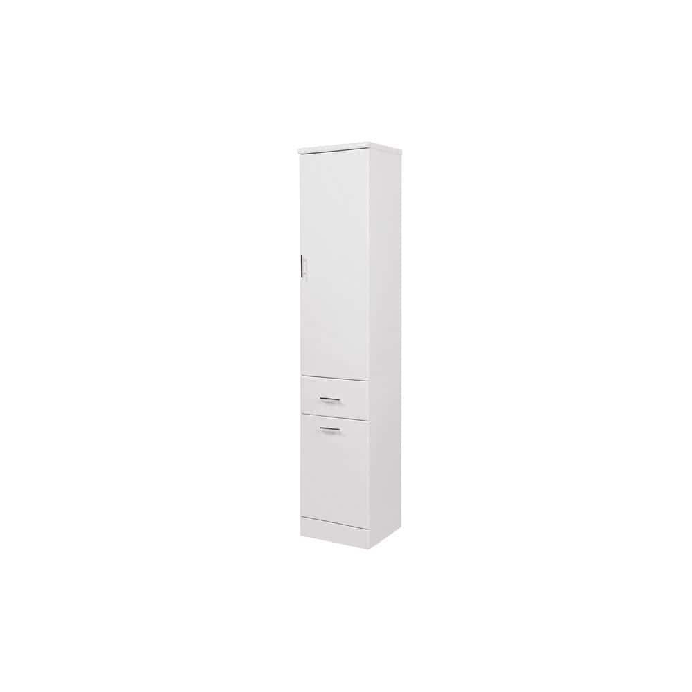 White bathroom storage cabinet with multiple compartments, ideal for organising toiletries and towels. Designed for modern bathrooms, offering functional storage solutions.