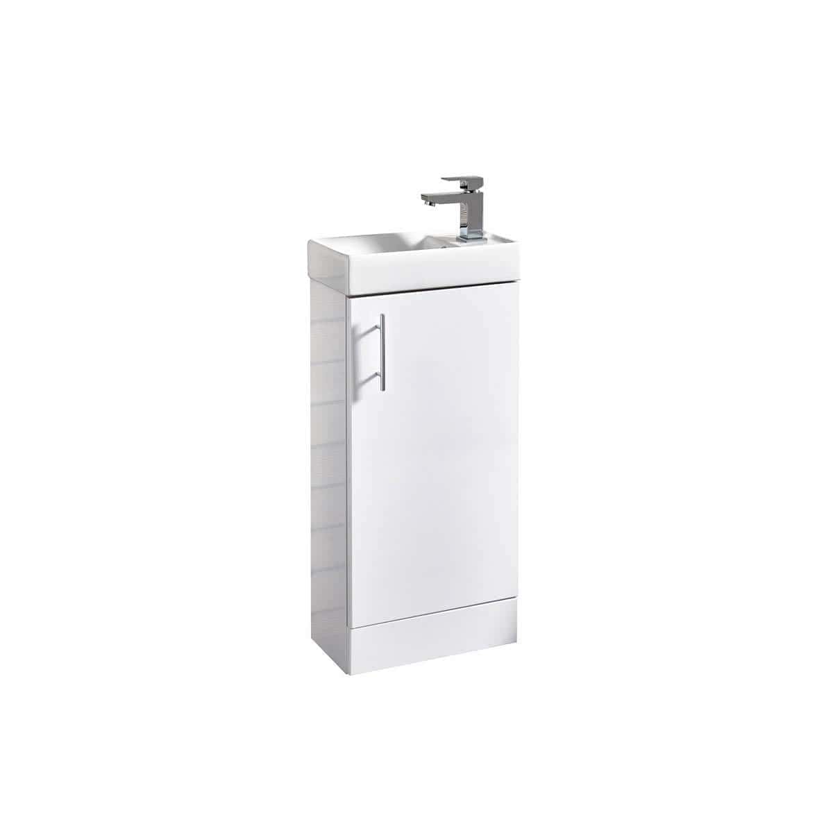 Compact white bathroom vanity with integrated sink and modern chrome faucet, ideal for small spaces and practical bathroom design.