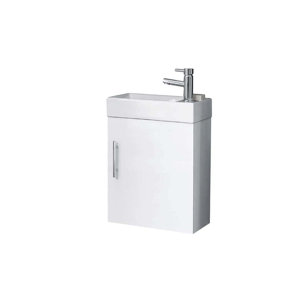Compact white bathroom sink with built-in cabinet and chrome faucet, ideal for modern small bathrooms or powder rooms. Space-saving design with storage cupboard beneath the sink.