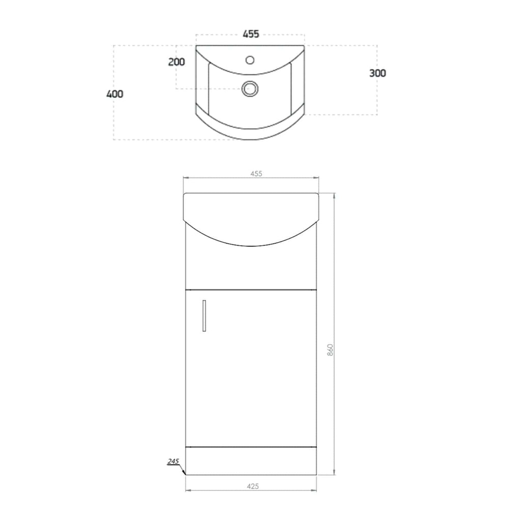 Stylish bathroom vanity unit with integrated sink, measuring 455mm wide by 860mm tall, featuring a modern design perfect for contemporary bathroom interiors.