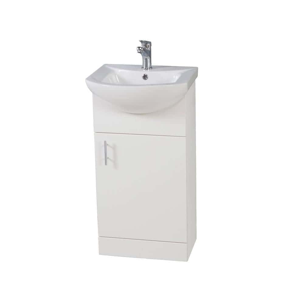 Bright white bathroom sink with integrated cabinet, perfect for compact bathroom spaces, offering stylish storage and modern design from Bubly Bathrooms.