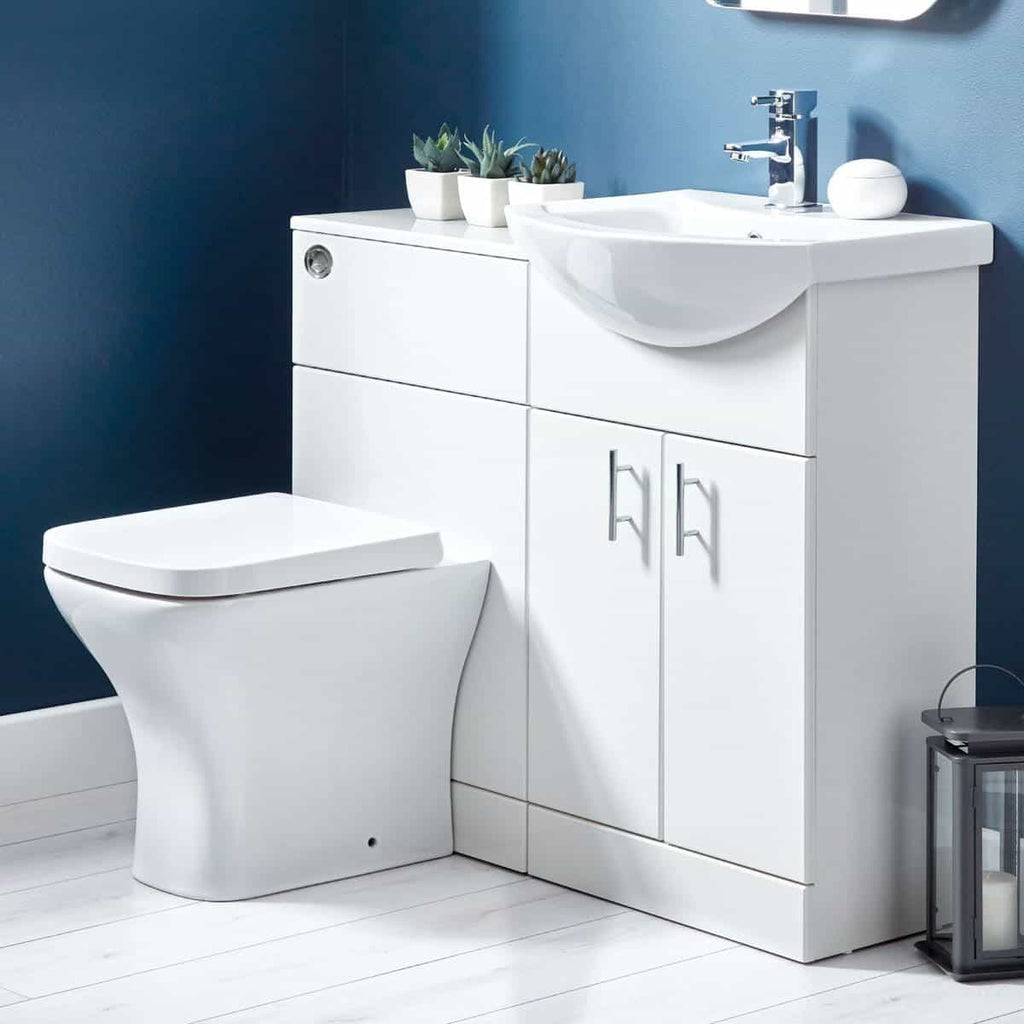Sleek modern bathroom vanity unit with integrated sink, white cabinet with storage, and contemporary fixtures. Ideal for stylish bathroom design and space-saving solutions.