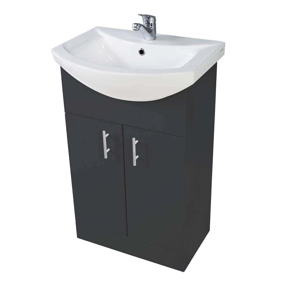 Contemporary bathroom vanity with integrated sink and storage cabinet, ideal for modern bathroom designs. Durable black unit with sleek silver handles for efficient bathroom organisation.