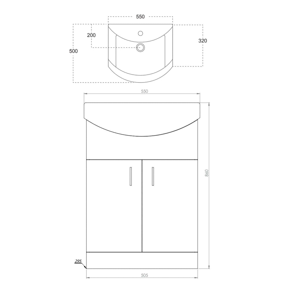 Contemporary bathroom vanity with integrated sink, double-door storage cabinet, detailed technical drawing, and precise measurements for bathroom renovation or fitting projects.