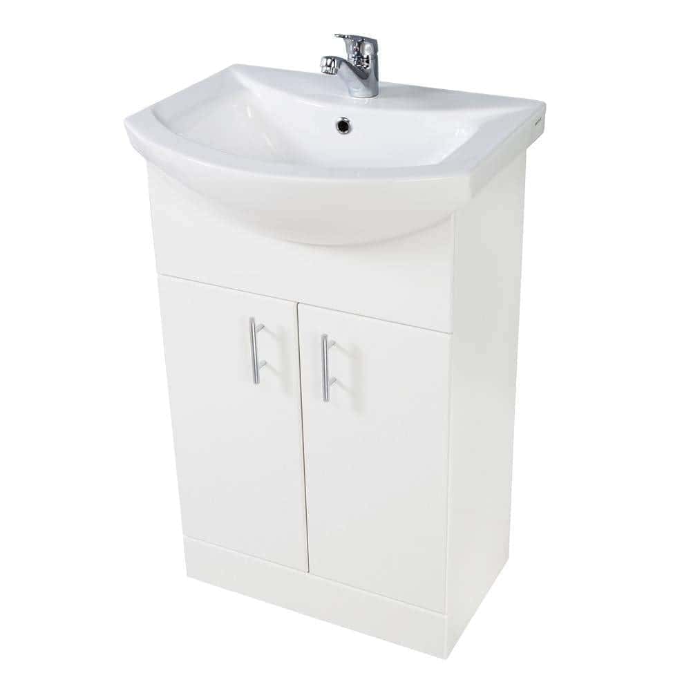 White bathroom vanity unit with sink and storage cabinet for bathroom renovation and design.
