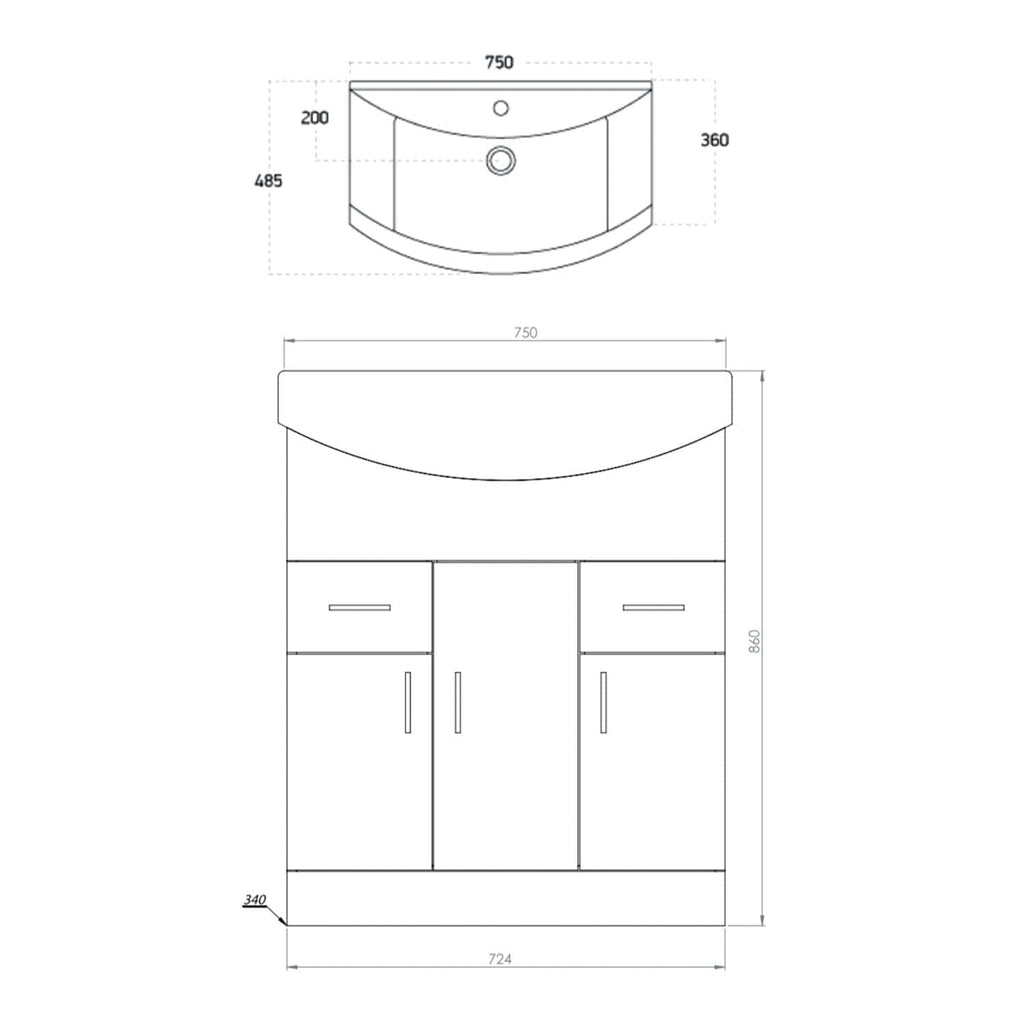 Sleek bathroom vanity unit with integrated sink, modern storage cabinets, and precise dimensions for optimal bathroom design. Perfect for contemporary bathroom renovations and installations.
