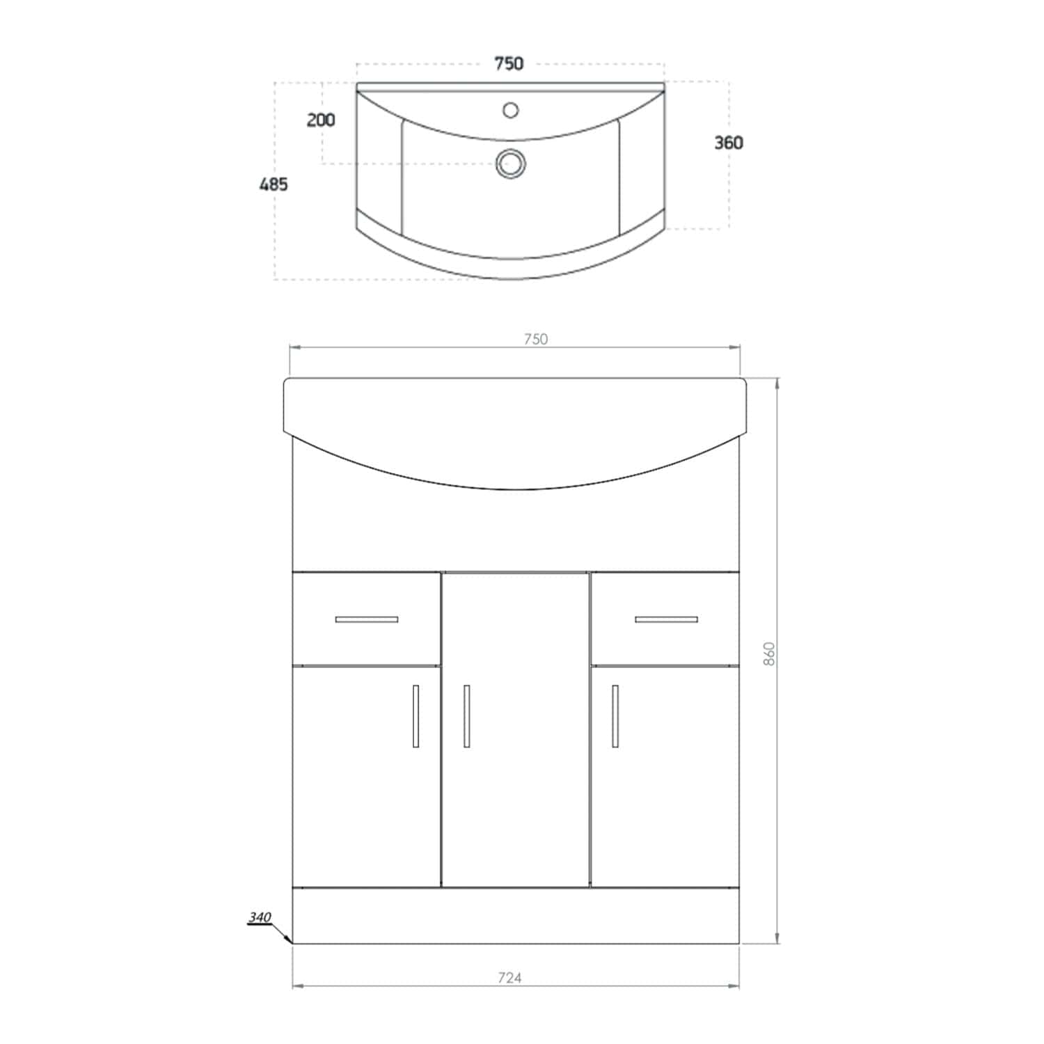 Sleek bathroom vanity unit with integrated sink, modern storage cabinets, and precise dimensions for optimal bathroom design. Perfect for contemporary bathroom renovations and installations.