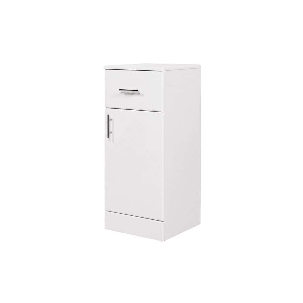 Compact white bathroom storage cabinet with drawer and cupboard, ideal for modern bubly bathrooms, offering functional and stylish organisation solutions.
